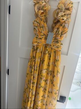ANTONIO MELANI Yellow Floral Pleated Maxi Dress
